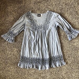 Woman’s Noella Blue Lace Distressed Western Boho Tunic Blouse Shirt Top Size M